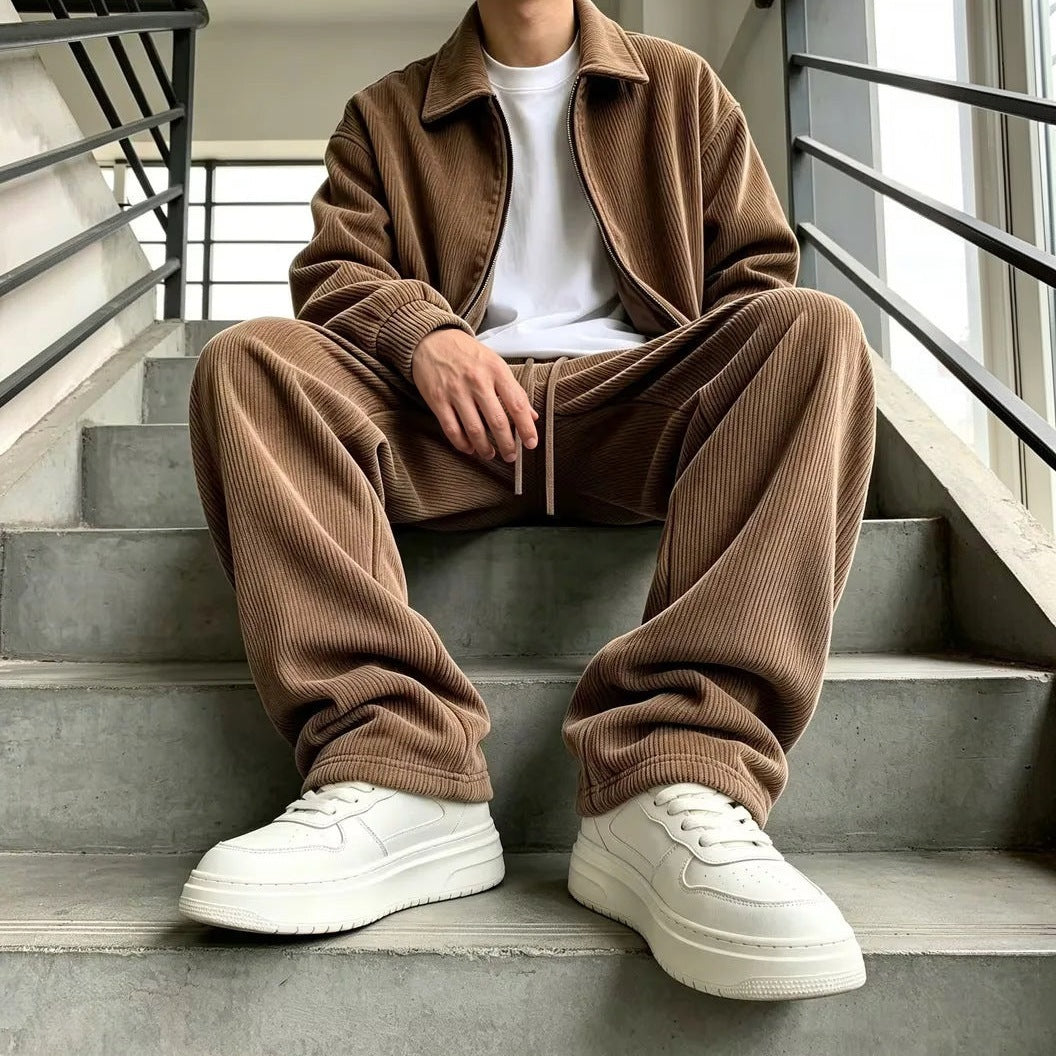 Cordanzug Herren | Jacke mit Reißverschluss | Weite Hose | 5 Farben-Braun-S-Chaps Herrenmode