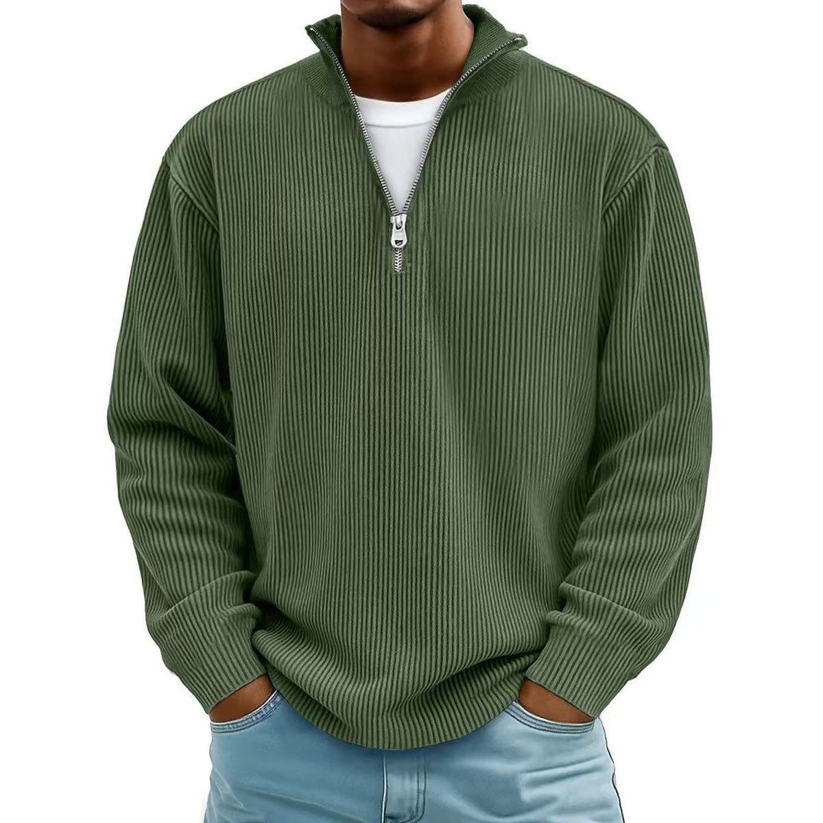 Half Zip Pullover Herren | Rippstrick | Lockere Passform | 10 Farben-Dunkelgrün-S-Chaps Herrenmode