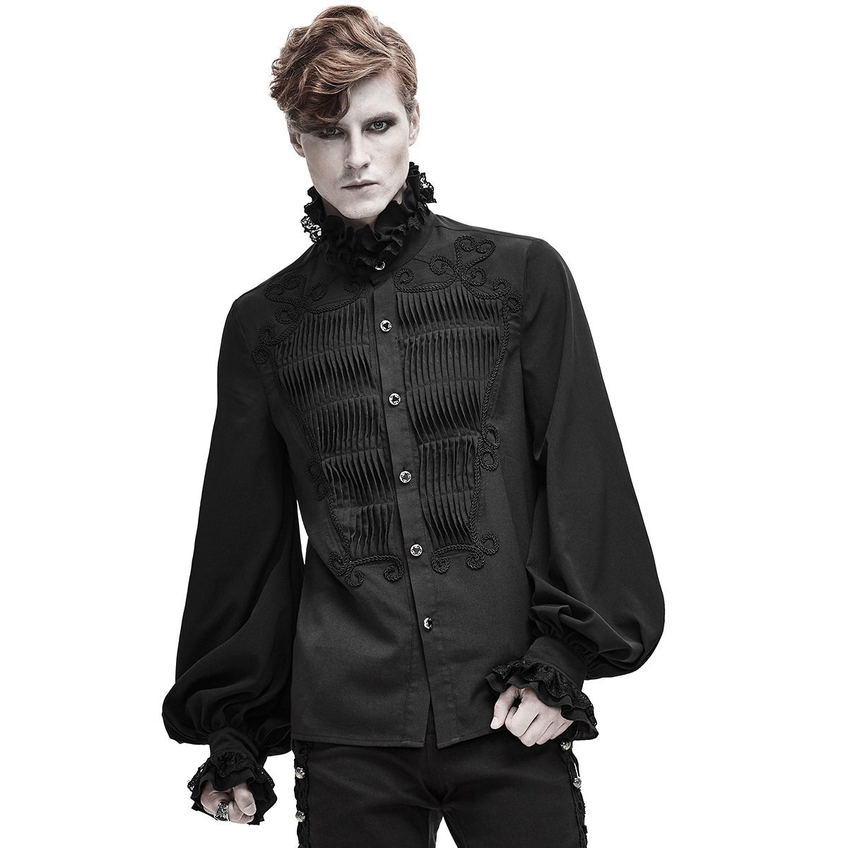 Gothic Rüschenhemd Herren | Plisseefront | Kordelornamente | Spitzenkragen | Schwarz-Chaps Herrenmode