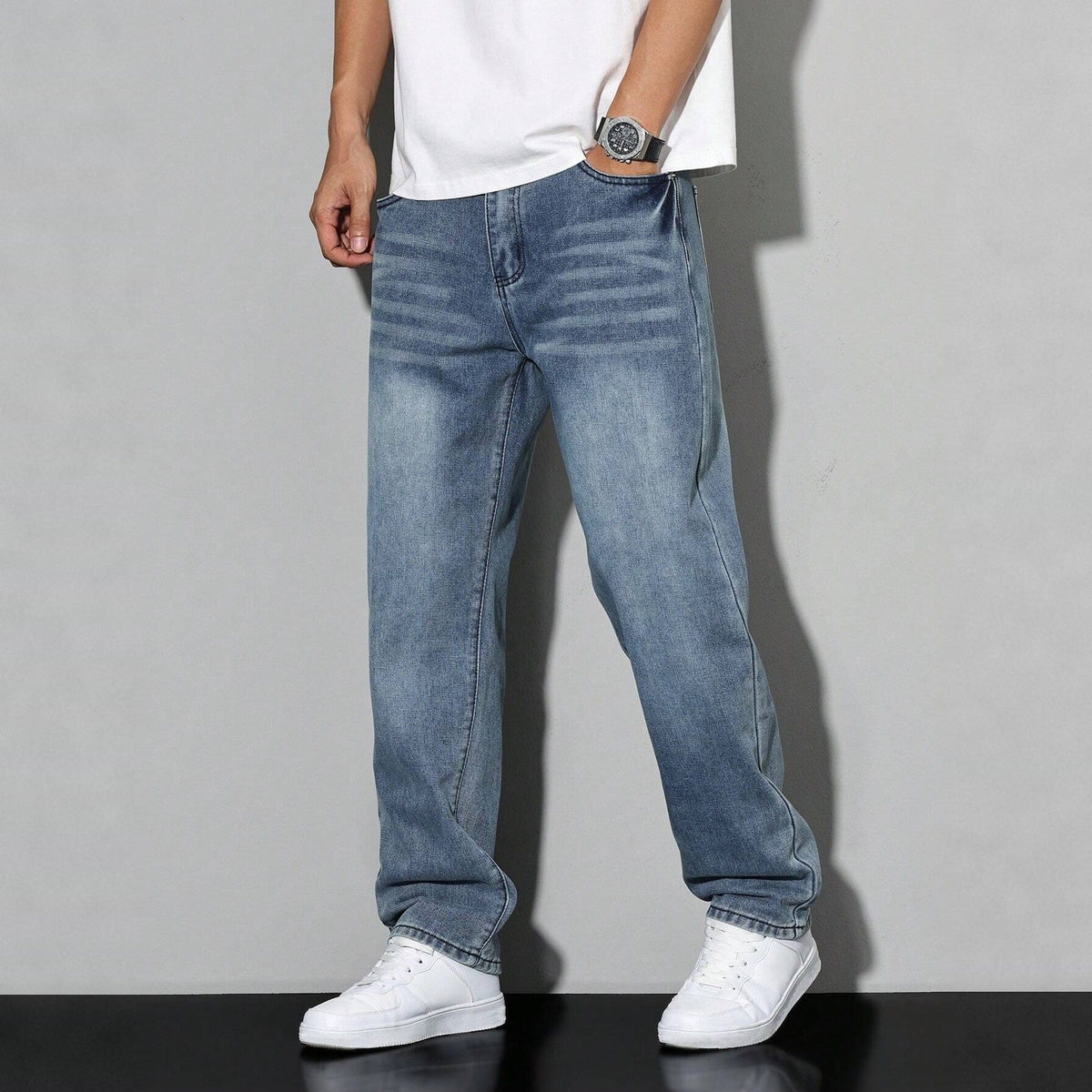 Baggy Jeans Herren | Weite Passform | Used Look-Mittelblau-28-Chaps Herrenmode