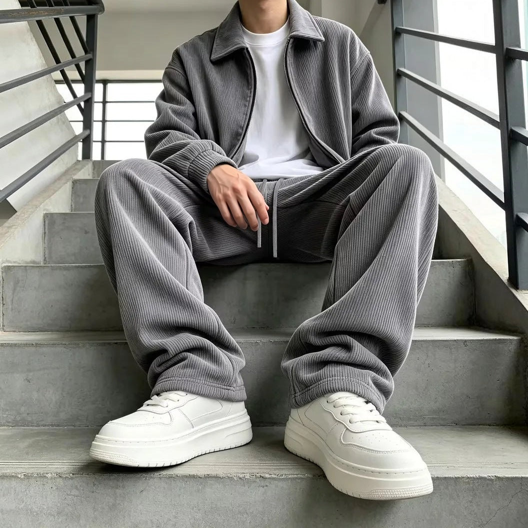 Cordanzug Herren | Jacke mit Reißverschluss | Weite Hose | 5 Farben-Grau-S-Chaps Herrenmode