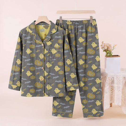 Geister Kürbis Pyjama Set Herren | Knopfleiste | Lange Hose | 8 Farben-Dunkelgrau-M-Chaps Herrenmode