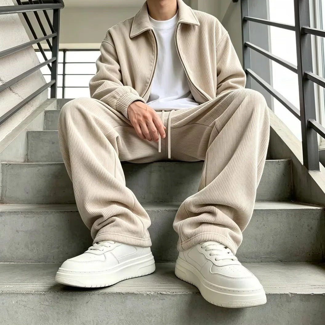 Cordanzug Herren | Jacke mit Reißverschluss | Weite Hose | 5 Farben-Beige-S-Chaps Herrenmode