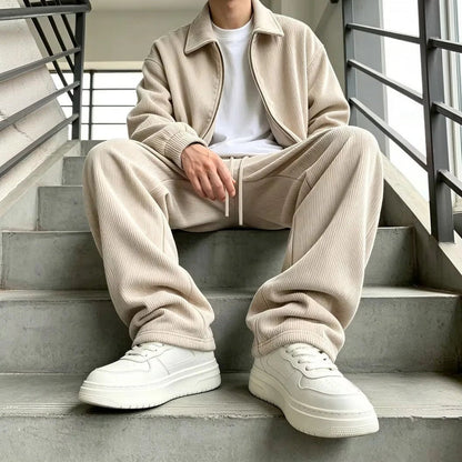 Cordanzug Herren | Jacke mit Reißverschluss | Weite Hose | 5 Farben-Beige-S-Chaps Herrenmode
