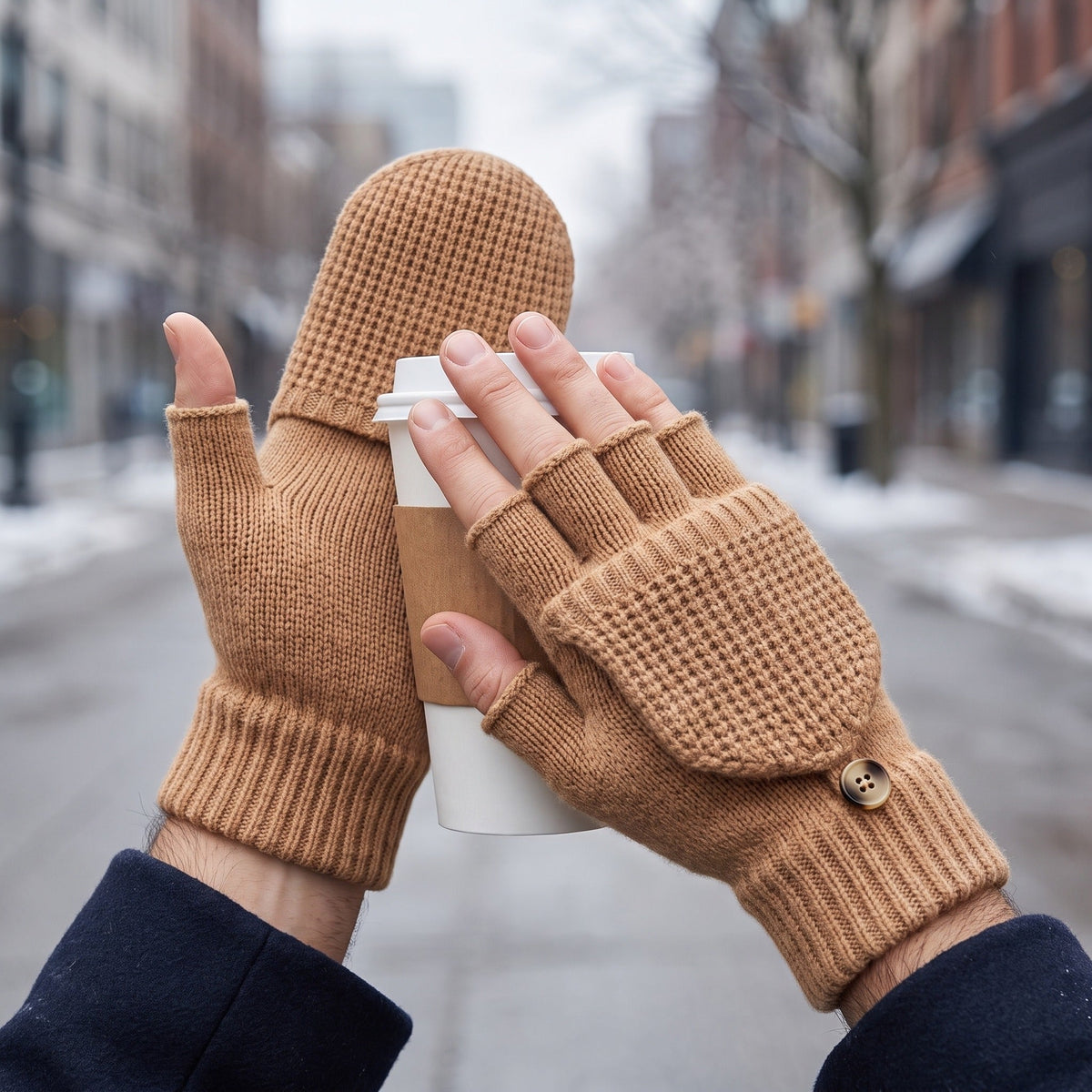 Fingerlose Handschuhe Herren | Klappbar | Strick | Knopf