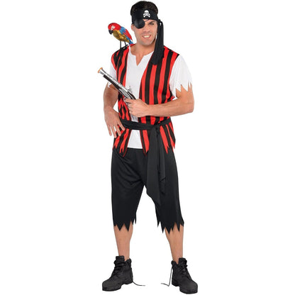 Piraten Kostüm Gestreift | Hemd mit Weste | Kopftuch | Schärpe | Hose-Schwarz-Rot-Standard-Chaps Herrenmode