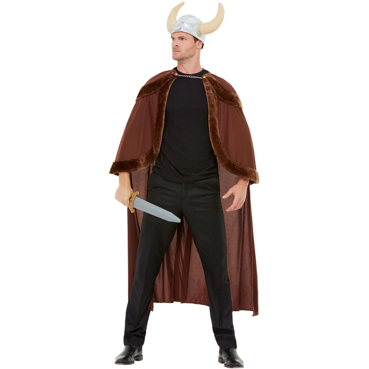 Wikinger Kostüm Herren | Umhang mit Kunstfellkragen | Helm mit Hörnern