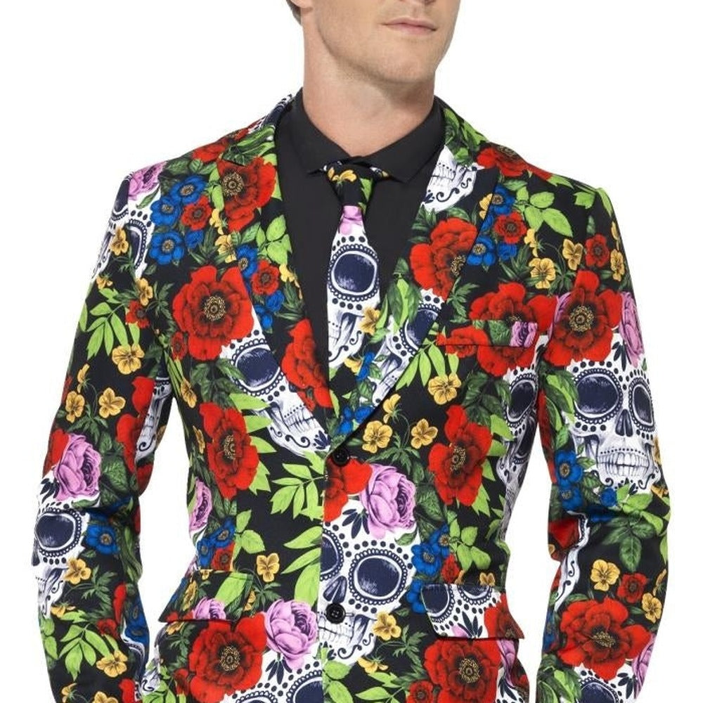 Tag der Toten Anzug Herren | Totenkopf Blumenmuster | Sakko, Hose, Krawatte-Chaps Herrenmode