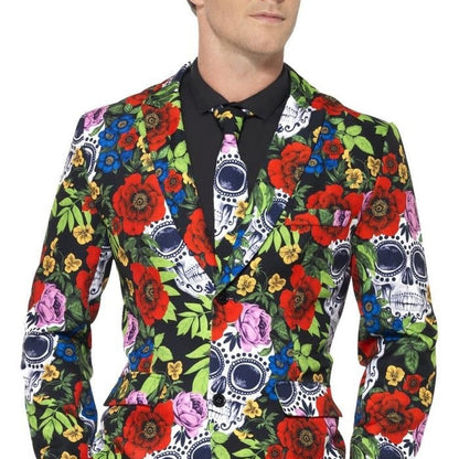 Tag der Toten Anzug Herren | Totenkopf Blumenmuster | Sakko, Hose, Krawatte-Chaps Herrenmode