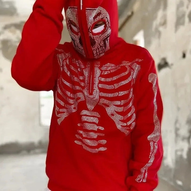 Strass Skelett Hoodie | Totenkopf Maske | Kapuze | Rot-Rot-S-Chaps Herrenmode