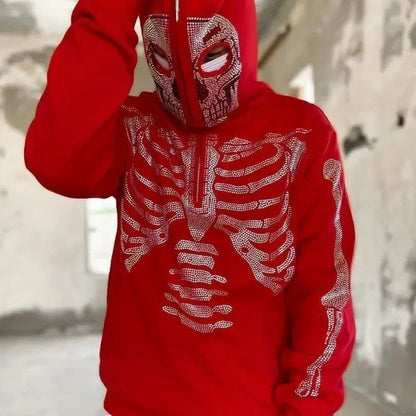 Strass Skelett Hoodie | Totenkopf Maske | Kapuze | Rot-Rot-S-Chaps Herrenmode