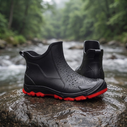 Schwarze Regenstiefel mit roter Profilsohle stehen auf nassem Stein am Fluss | Chaps Herrenmode