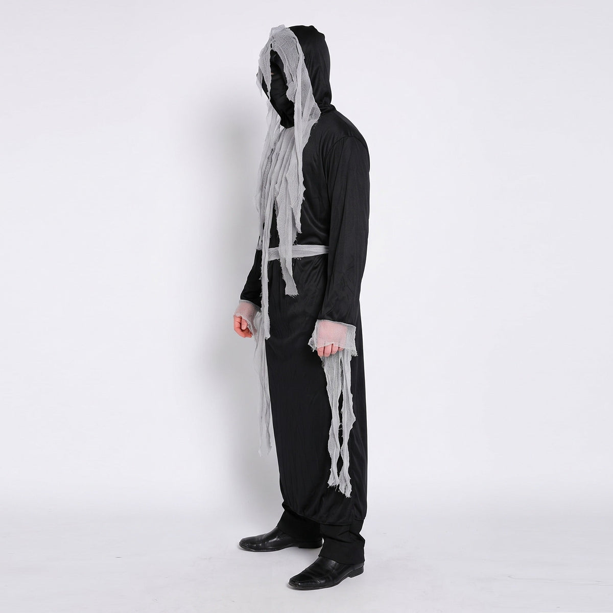 Zombie Geist Kostüm | Robe | Kapuzenmaske mit Fetzen | Schärpe