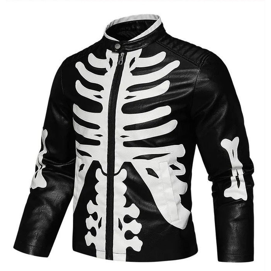 Skelett Bikerjacke Herren | Kunstleder | Knochen Applikationen | Schwarz-Chaps Herrenmode