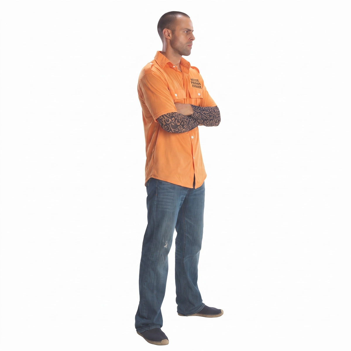 Häftling Kostüm | Orangefarbenes Hemd | Tattoo-Ärmel-Chaps Herrenmode