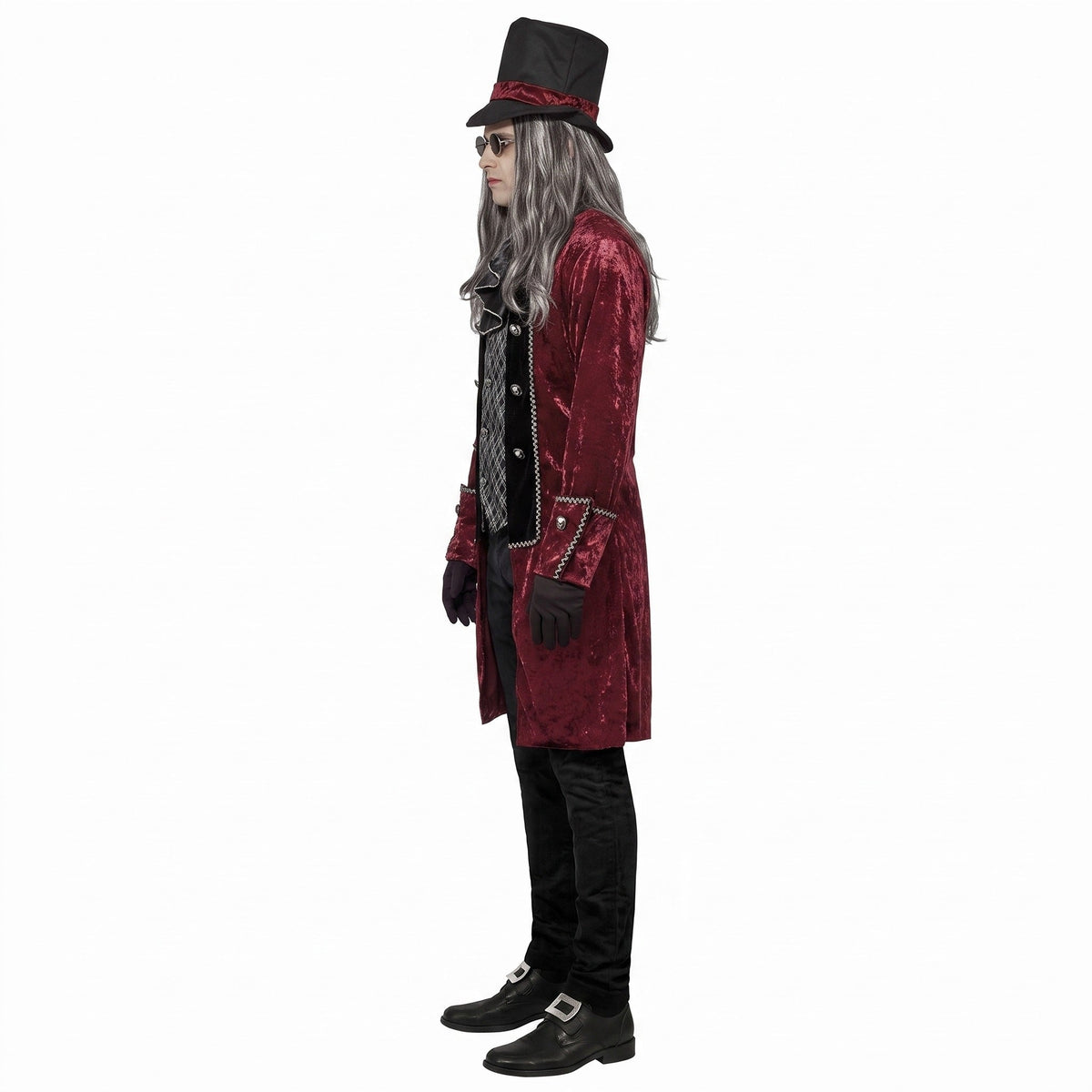 Vampir Kostüm Männer | Weinroter Gehrock | Weste | Jabot | Zylinder-Chaps Herrenmode