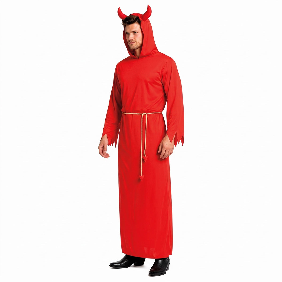 Teufel Kostüm Herren | Langes Kapuzengewand | Hörner | Kordelgürtel-Chaps Herrenmode