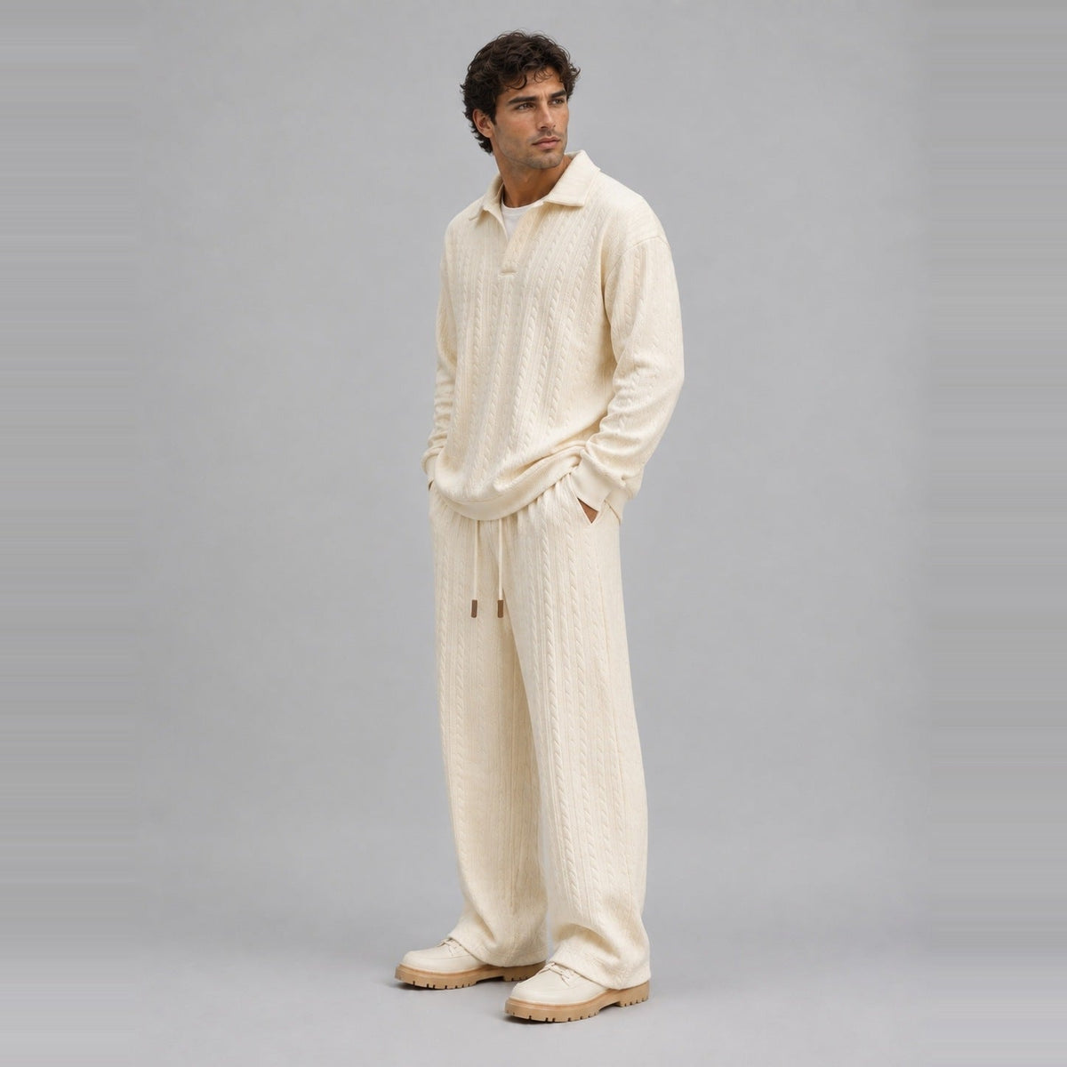 Loungewear Set Herren | Zopfmuster-Optik | Polokragen | Weite Hose