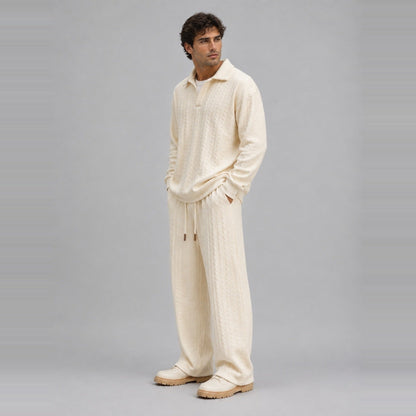 Loungewear Set Herren | Zopfmuster-Optik | Polokragen | Weite Hose