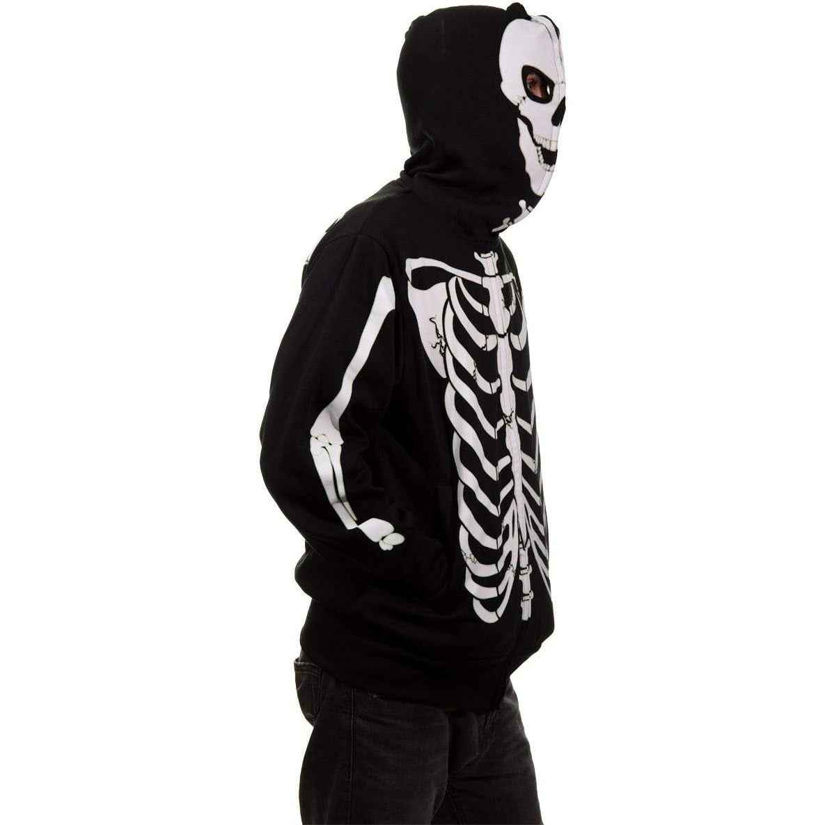 Skelett Hoodie mit Totenkopf Kapuze | Leuchtet im Dunkeln | Reißverschluss-Chaps Herrenmode