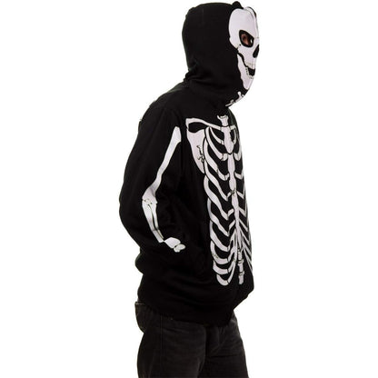 Skelett Hoodie mit Totenkopf Kapuze | Leuchtet im Dunkeln | Reißverschluss-Chaps Herrenmode
