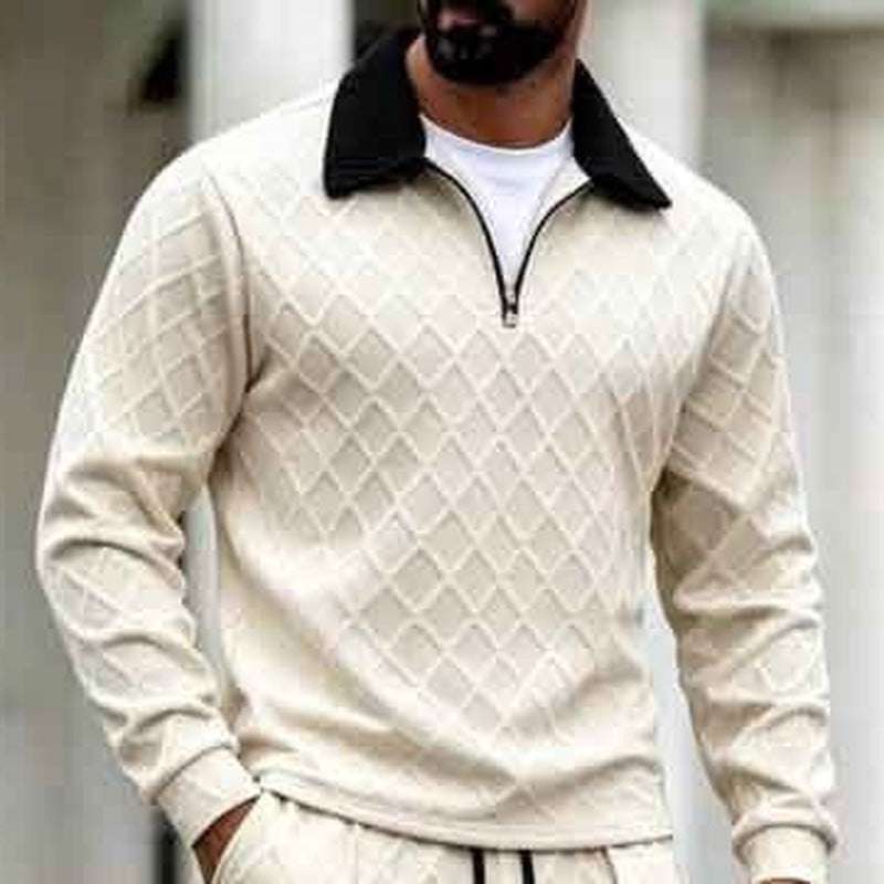 Halfzip Loungewear Set Herren | Rautenstruktur | Creme-Chaps Herrenmode