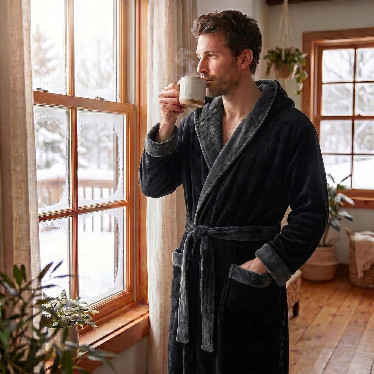 Fleece Bademantel Herren mit Kapuze | Zweifarbig | 10 Farben