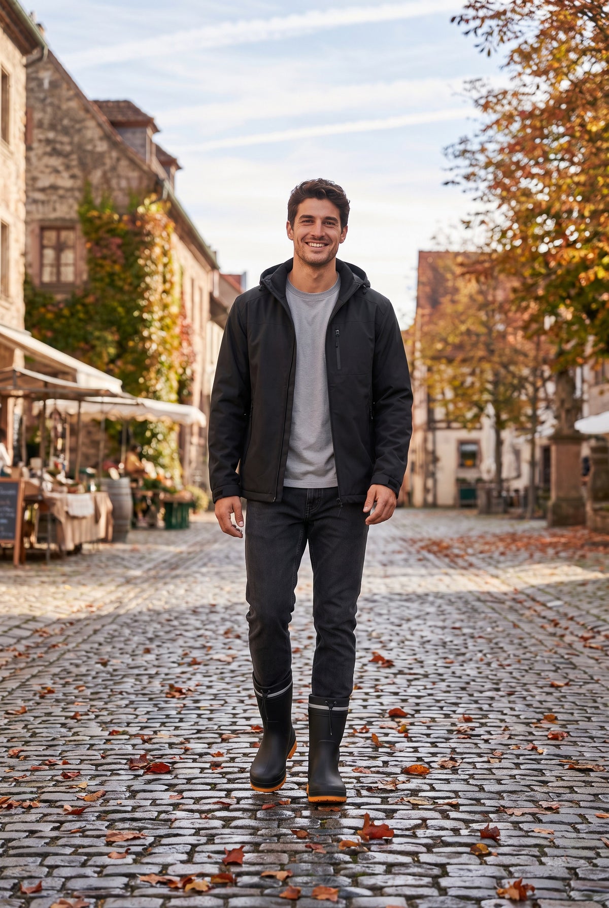 Mann trägt schwarze Gummistiefel mit Jacke auf Kopfsteinpflaster im Freien | Chaps Herrenmode