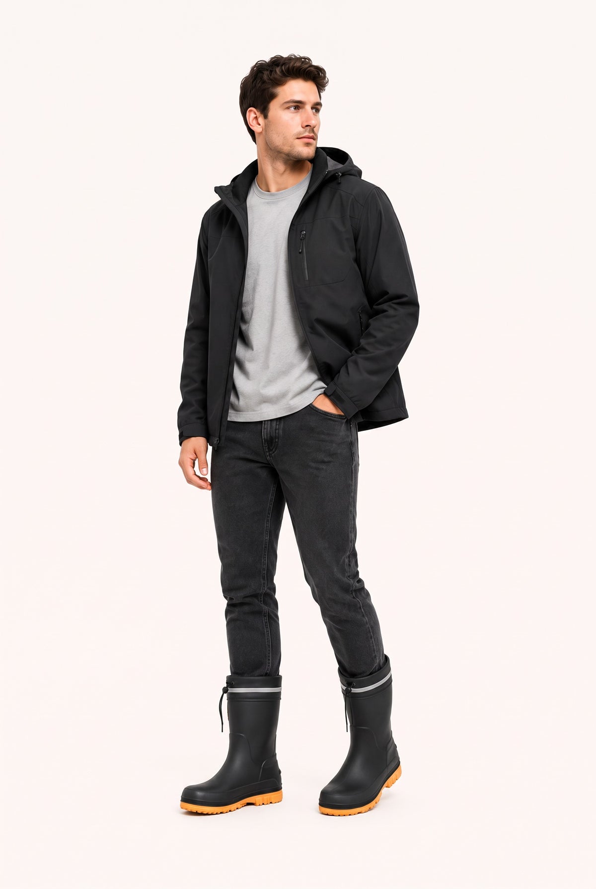 Schwarze Gummistiefel mit gelber Sohle, von Mann getragen, Ganzkörperaufnahme | Chaps Herrenmode