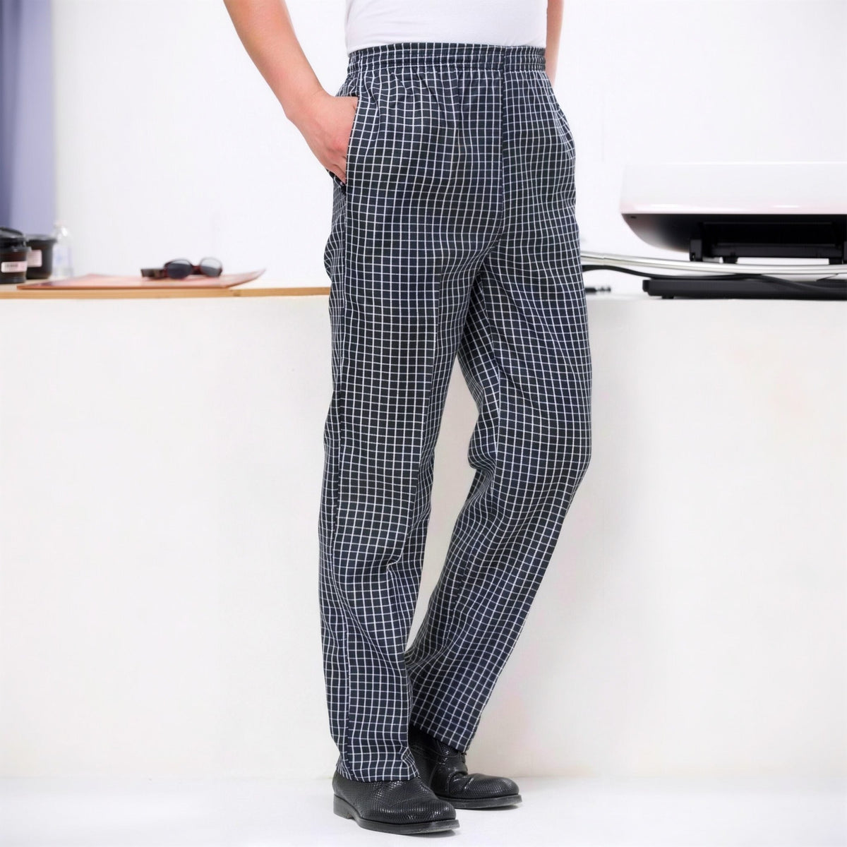 Kochhose Herren | Gummizug | Seitentaschen | Baumwollmischung-Kleinkariert-S-Chaps Herrenmode