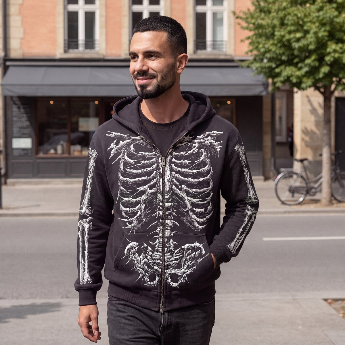 Skelett-Hoodie mit Reißverschluss | Knochen-Print | Halloween | Schwarz-Chaps Herrenmode