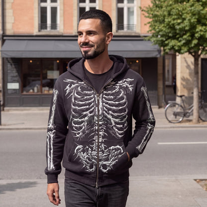 Skelett-Hoodie mit Reißverschluss | Knochen-Print | Halloween | Schwarz-Chaps Herrenmode